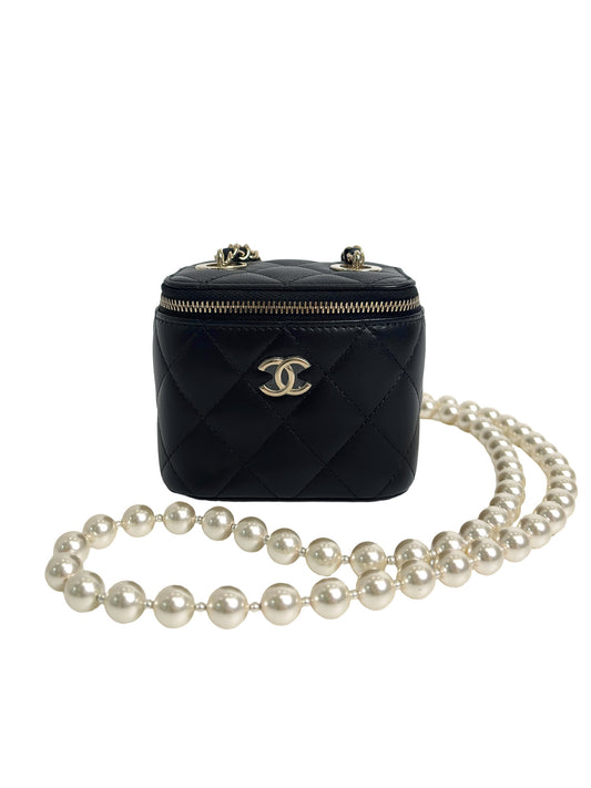 CHANEL mini vanity case quilted lambskin pearl chain crossbody bag